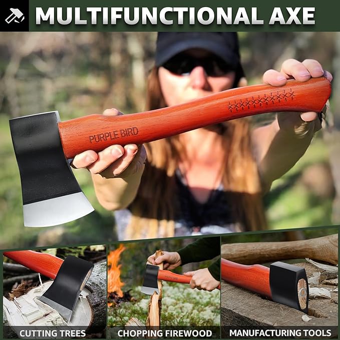PURPLEBIRD 15'', Wood Splitting Axe, Camping & Bushcraft Hatchet, Hand Axe for Tree Cutting & Gardening