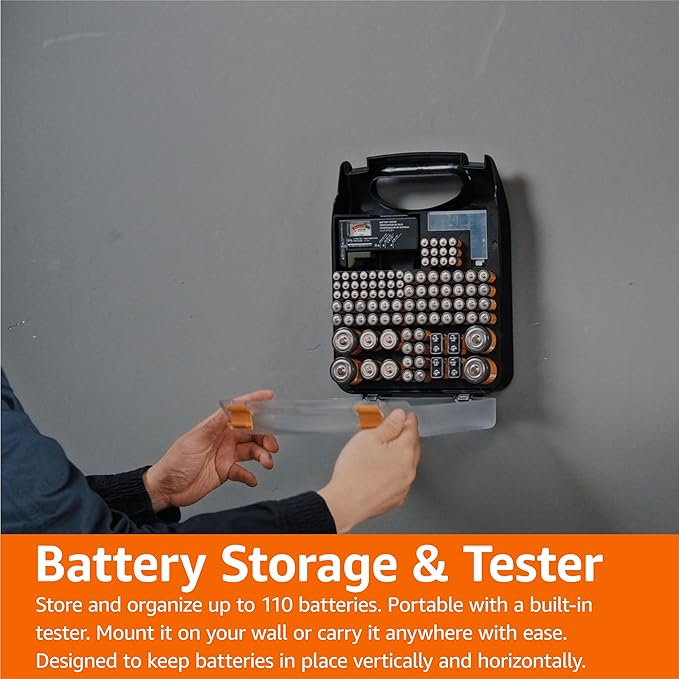 Amazon Basics Battery Organizer with Tester, Wall-Mounted Design, Handle Holds 110 Batteries, Clear/Black