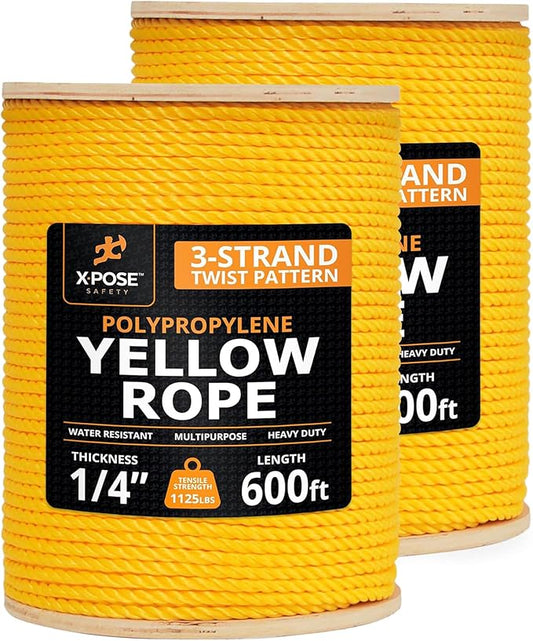 Yellow Twisted Polypropylene Rope, 1/4" Thickness x 600' Length Heavy Duty Poly Ropes for Outdoor and Marine Use, Yellow Rope for Visibility & Safety
