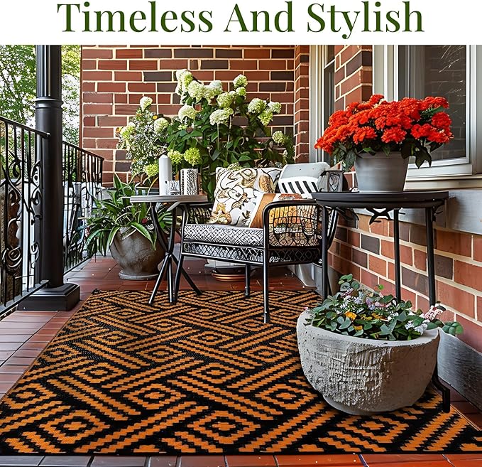 OPPODREAM Outdoor Rug 8x10 Patio Waterproof, Large Outdoor Plastic Straw Rug, Reversible Out Door Carpet for Camping, Deck, Rv, 8 x 10 Area Carpet for Balcony, Porch, Backyard, Black and Orange