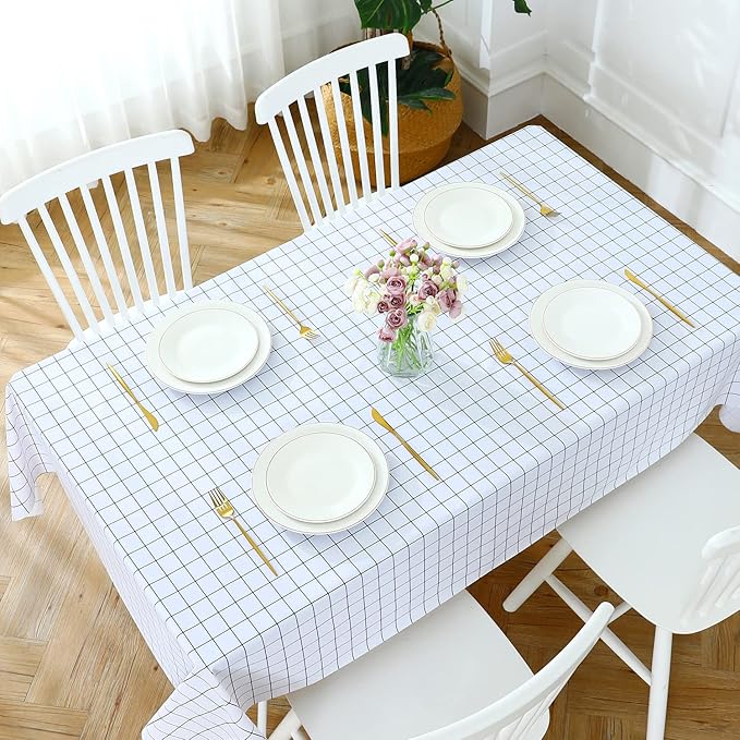 Romanstile Rectangle Plastic Tablecloth, 100% Waterproof Oil-Proof Checkered PVC Table Cloths, Heavy Duty Vinyl Table Covers for Dining, Camping, Picnic, Outdoor - 52 x 70 Inch, White