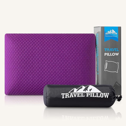 Travel Pillow Memory Foam Pillows, Camping Pillow-Compressible Medium Firm, Breathable Cover, Ideal Backpacking Hiking, Bed Pillows, Airplane and Car (Purple, L)