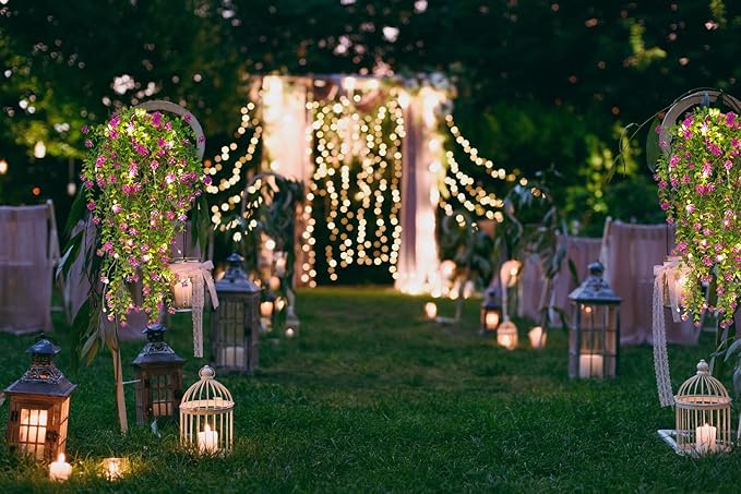 RECUTMS Artificial Hanging Plants with Lights Fake Hanging Plant Faux Eucalyptus Leaf Greenery Vine Outdoor UV Resistant Plastic Plants Home Garden Wedding Party Indoor Outdoor Decorations (Fuchsia)
