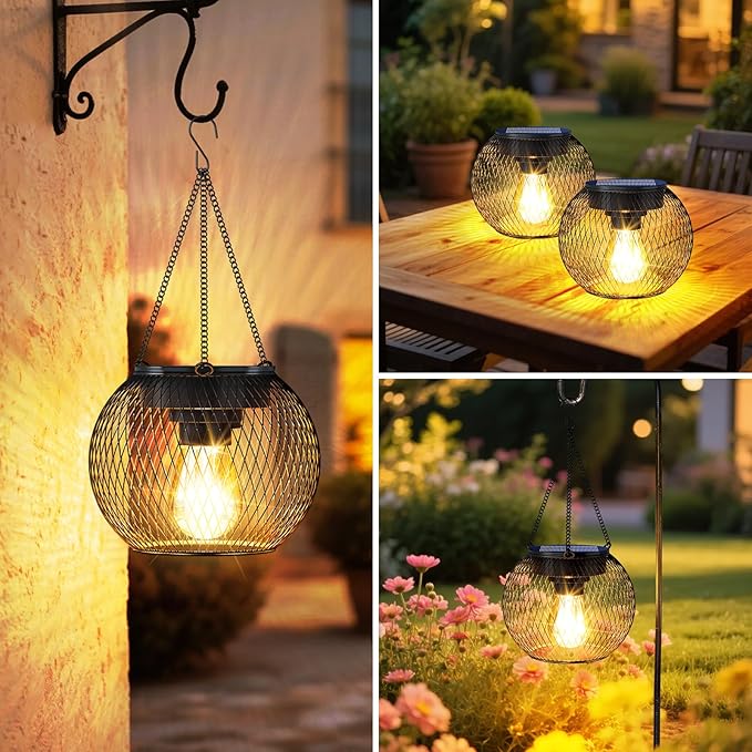Solar Lanterns Outdoor Waterproof 2 Pack, 13.45" Metal Solar Hanging Lights with Hooks & Auto On/Off, Brighter Warm Outdoor Hanging Lantern Lighting for Porch Garden Yard Pathway Decor