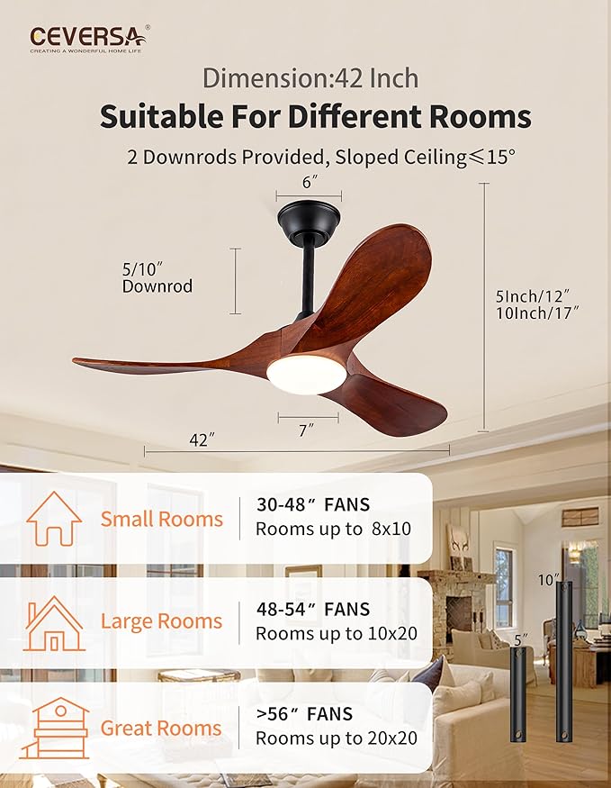 42 Inch Ceiling Fans with Lights and Remote, 3 Blades Outdoor Wood Propeller Ceiling Fans, Quiet Noiseless DC Motor for Farmhouse, Living Room, Bedroom, Indoor, Walnut