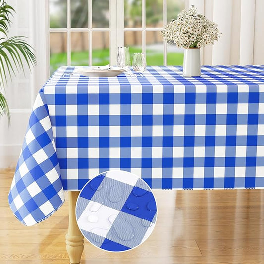 misaya Rectangle Waterproof Vinyl Table Cloth, Buffalo Flannel Backed Tablecloth, Wipeable Plastic Table Cover for Seaside, Picnic, Outdoor (60" x 144", White and Blue)