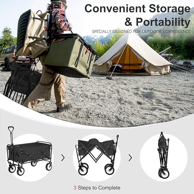 PayLessHere 38" Collapsible Wagon Folding Foldable Garden Cart with Large Capacity, 330 LBS Capacity Portable Utility Wagon Cart Heavy Duty for Beach Camping Shopping Garden,Black
