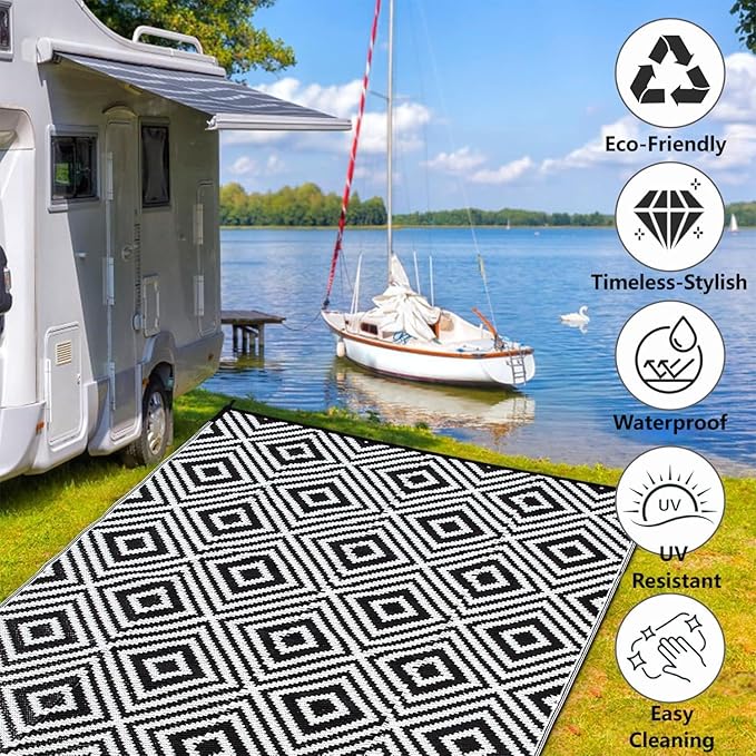 Plastic Straw Rug, Waterproof Outdoor Rug, Reversible Plastic Camping RV Rug, Large Floor Mat and Area Rug for Camping, Patio, Backyard, Deck, Picnic, Beach (H, 9 * 12)