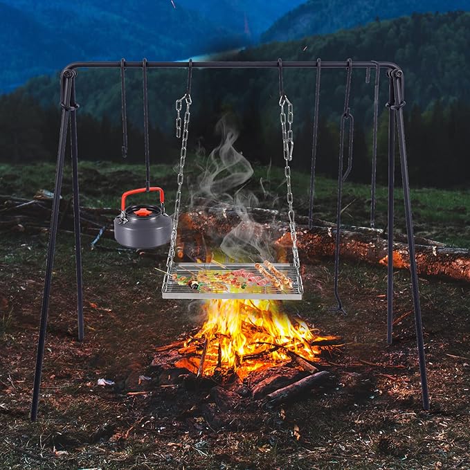 REDCAMP Swing Outdoor Campfire Grill Stand - Collapsible Campfire Cooking Rack with 6 Hooks & Stainless Steel Grill Grate, Portable Dutch Oven Hanger for Camping, Cookware, Bonfire, Rectangle