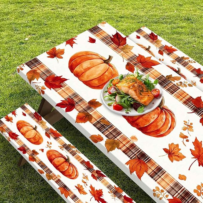 CAPSCEOLL Fitted Picnic Table Cover with Bench Covers with Elastic 8Ft Waterproof Picnic Table Cloths Windproof Outdoor Camping Tablecloth with Drawstring Bag, 96X30in, Pumpkins Leaf