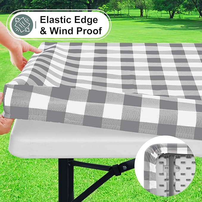 misaya Buffalo Rectangle Picnic Tablecloth, 8 Foot Elastic Fitted Vinyl Table Cloth with Flannel Backing, Waterproof Plaid Table Covers for Dining, Camping, Outdoor (Grey and White, 30" x 96")