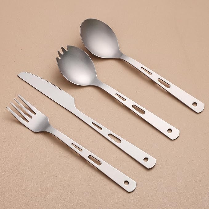 Titanium 4-Piece Silverware Set - Lightweight, Eco-Friendly Camping & Backpacking Cutlery (Knife, Fork, Spoon, Salad Spoon) with Carrying Bag for Outdoor Travel, Hiking & Picnic