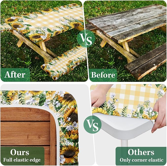 Picnic Table Cover with Bench Covers Elastic Edges, Yellow Fitted Table Cover, Outdoor Patio Camping Essentials 60 Inch 3PCS, Waterproof Camping Fitted Tablecloth with Drawstring Bag