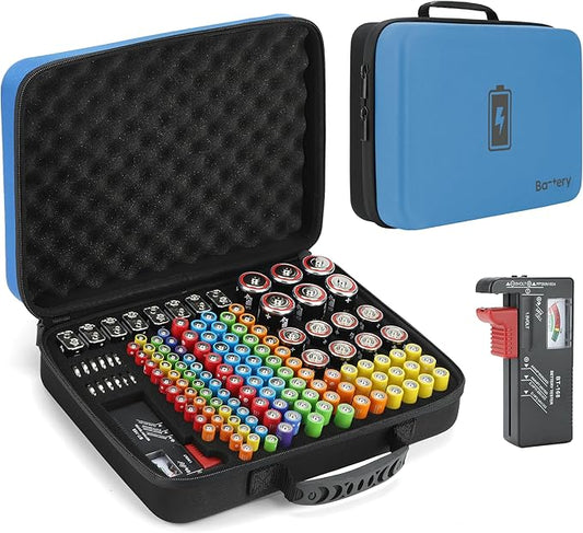 MOSLA Waterproof Battery Organizer Storage Case with Tester BT-168 - AA, AAA, C, D, 9V(Blue&Black)