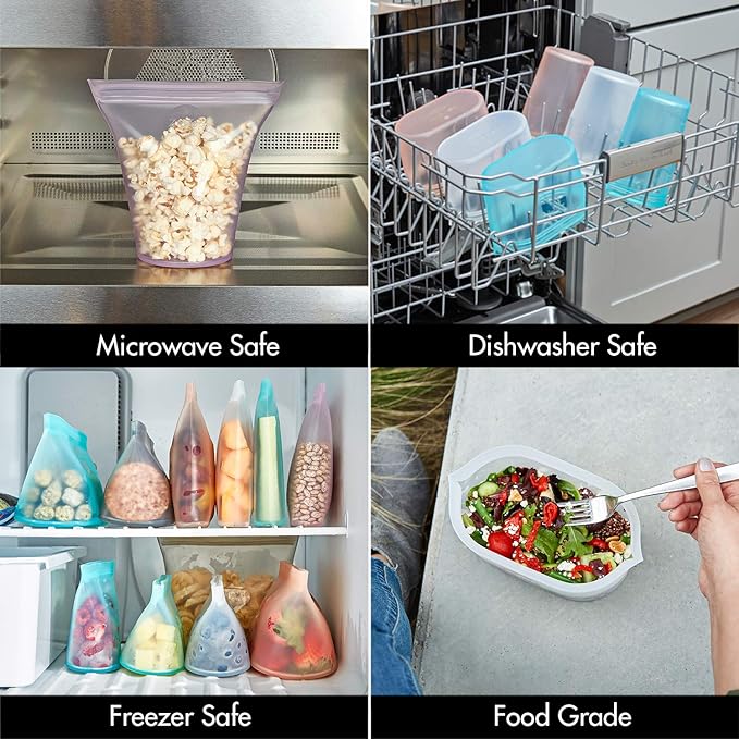 Zip Top Reusable Food Storage Bags | 2 Bag Set [Peach] | Silicone Meal Prep Container | Microwave, Dishwasher and Freezer Safe | Made in the USA