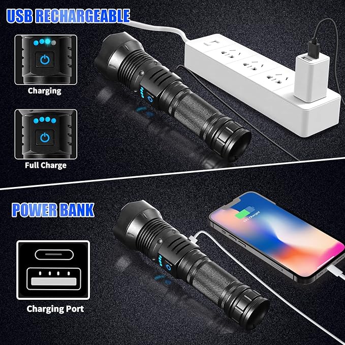 Foleto Rechargeable LED Flashlights High Lumens,Super Bright Flashlight, Powerful Tactical Handheld Flash Light, 5 Modes Zoomable Waterproof Flash Lights for Camping, Emergency