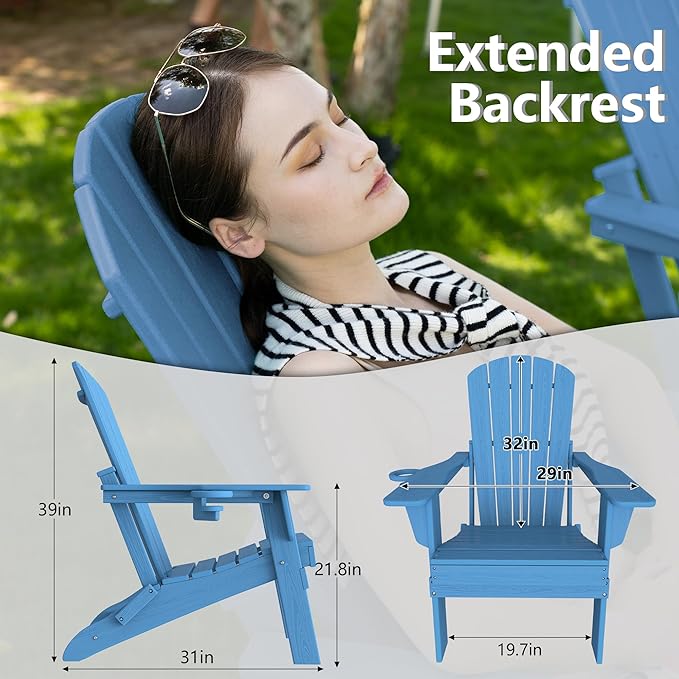 Folding Adirondack Chair Set of 2 with Cup Holder,Heavy All-Weather,Wooden Textured,HDPE Outdoor Chairs, Patio Backyard Fire Pit, Light Blue