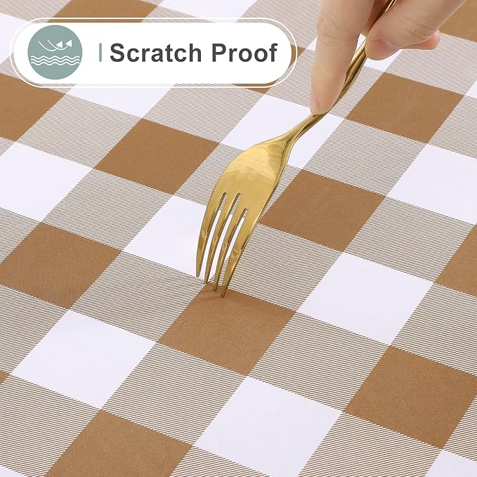 misaya Rectangle Waterproof Vinyl Table Cloth, Buffalo Flannel Backed Tablecloth, Wipeable Plastic Table Cover for Dinner, Kitchen, Outdoor (60" x 120", Brown and White)