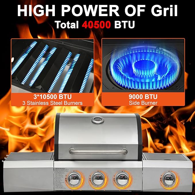 3-Burner BBQ Propane Gas Grill with Side Burner, 40,500 BTU Stainless Steel Patio Barbecue Grill with Waterproof Cover, Pull Out Grease Tray, For Camping, Outdoor Cooking (Style1)