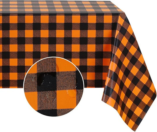Romanstile Fall Halloween Vinyl PVC Tablecloth, 100% Waterproof Buffalo Plaid Plastic Table Cloth, Heavy Duty Wipeable Table Covers for Camping/Picnic/Outdoor - 54 x 108, Black and Orange