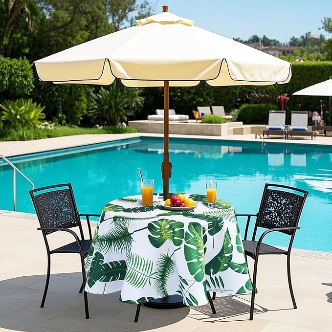 Poise3EHome 60 inches Outdoor/Indoor Waterproof Tropical Round Tablecloth with Umbrella Hole Zipper Green for Camping Picnic Party Patio Table Spring, Palm Leaf