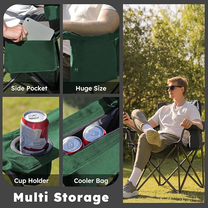 Oversized Folding Camping Chairs - 450 LBS Support Heavy Duty Camp Chair with Padded Cushion, Portable Outside Chairs with Carry Bag，Cooler, Cup Holder for Outdoor, Lawn, Sports - Green