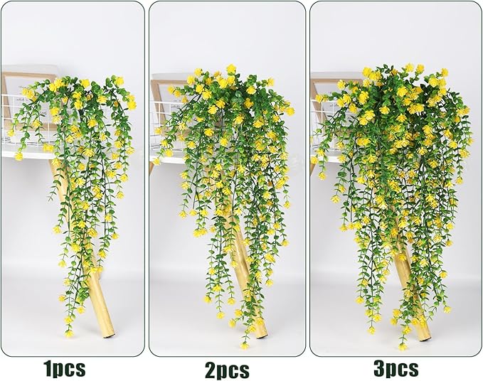 RECUTMS Outdoor Fake Hanging Plants,Hanging Plant Vine,Faux Eucalyptus Leafs Greenery Vine Plant Faux Plants Fake Plants Greenery for Jungle Theme Party Wedding Decoration(Yellow)