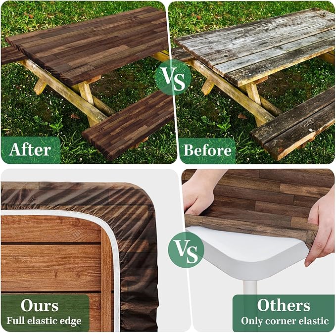 Picnic Table Cover with Bench Covers Elastic Edges, Brown Wood Fitted Table Cover, Outdoor Patio Camping Essentials 60 Inch 3PCS, Waterproof Camping Fitted Tablecloth with Drawstring Bag