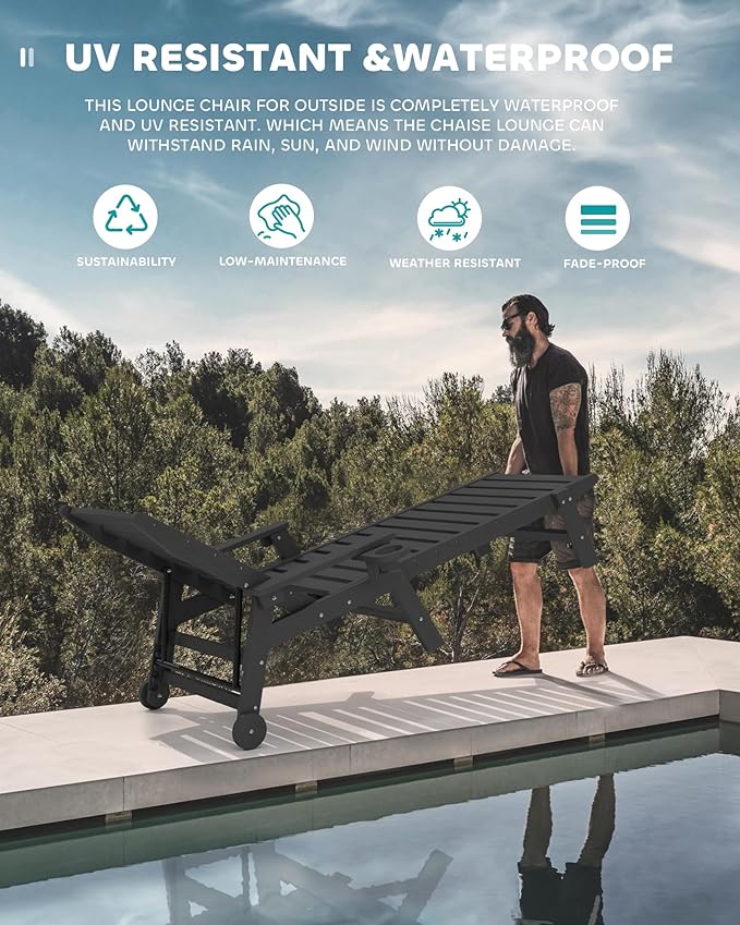 SERWALL Patio Chaise Lounge Chair Set of 2, 78'' Long 5-Positions Adjustable HDPE Outdoor Lounge Chair for Pool, Poly Lounge Chair with Rolling Wheels & Cup Holder for Poolside, Deck, Obsidian Black