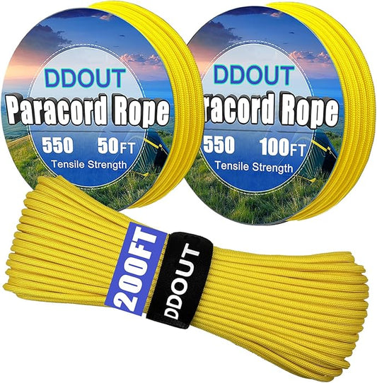 Paracord Nylon Rope Yellow 50ft with 7-Strand Core, 10 Colors and 50/100/200 ft, Type III Parachute Cord 4mm for Camping, Survival, Hiking, DIY, Crafting, Outdoor Utility Rope