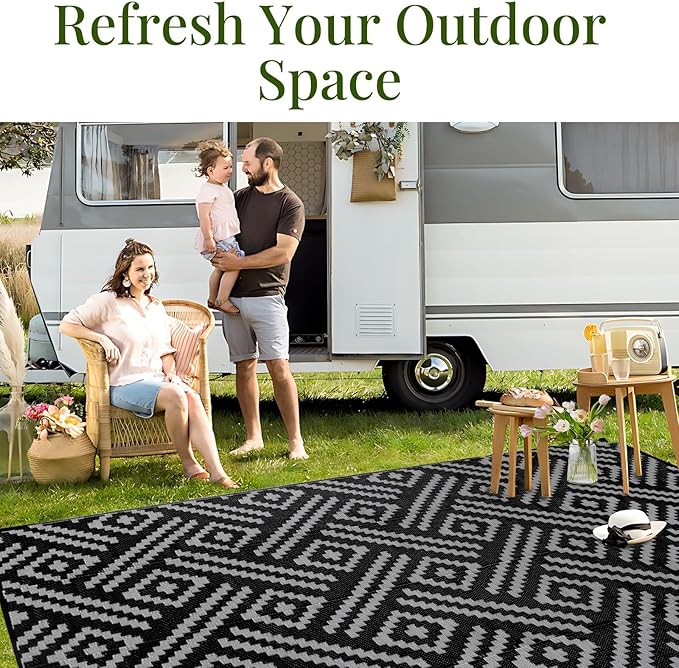 OPPODREAM Outdoor Rug 8x10 Patio Waterproof, Large Outdoor Plastic Straw Rug, Reversible Out Door Carpet for Camping, Deck, Rv, 8 x 10 Area Carpet for Balcony, Porch, Backyard, Black and Grey