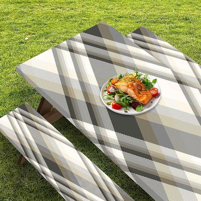 CAPSCEOLL Picnic Table Cover with Bench Covers 8Ft Farm Plaid Waterproof Camping Tablecloth All-Weather Outdoor Table Protector with Drawstring Bag for Camping Essentials, 96X30In, Grey White