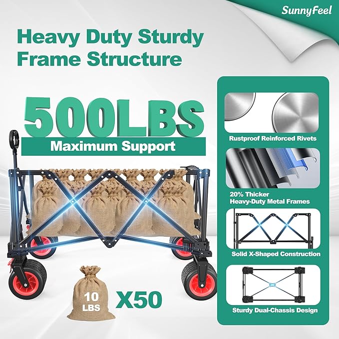 SUNNYFEEL Heavy Duty Collapsible Outdoor Utility Wagon Cart 500LB Capacity Adjustable Handlebar,Foldable Beach Wheels Stable Durable Oxford Fabric for Shopping Garden Camping (Red, Tall Version)
