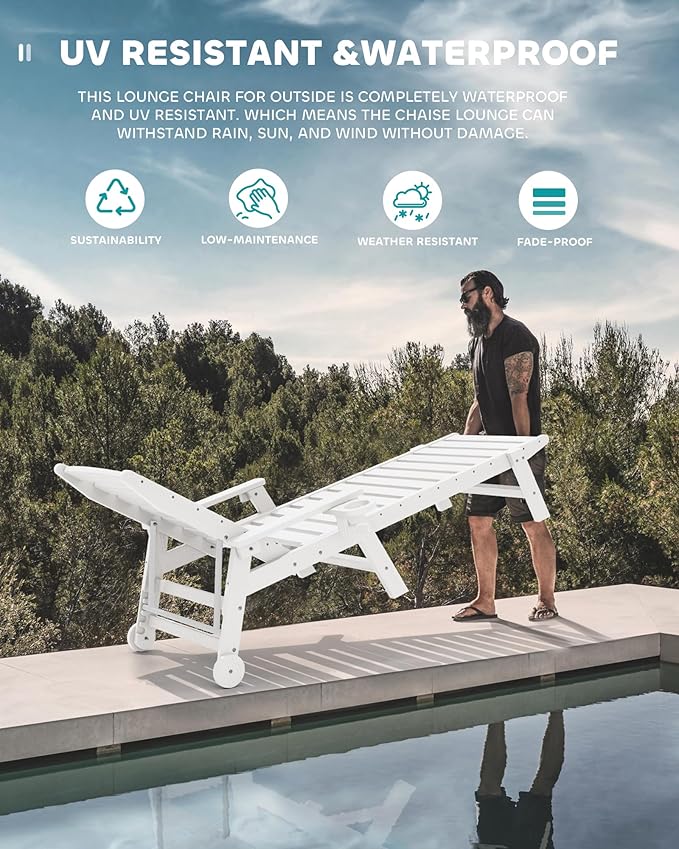 SERWALL Patio Chaise Lounge Chair Set of 2 with 9FT Patio Umbrella, 78'' HDPE Outdoor Lounger 5 Positions Adjustable, Poly Lounge Chair with Rolling Wheels & Cup Holder for Pool,Light White