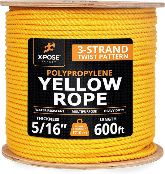Yellow Twisted Polypropylene Rope, 5/16" Thickness x 600' Length Heavy Duty Poly Ropes for Outdoor and Marine Use, Yellow Rope for Visibility & Safety