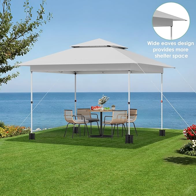 TLSUNNY 13X13 Pop Up Canopy Tent, Camping Shader W/Overhanging Eaves & Sand Bag, Outdoor Gazebo Shelter W/One Push Setup & Wheeled Bag, Height Adjustable, for Patio, Market, Party (White, 13FTX13FT)
