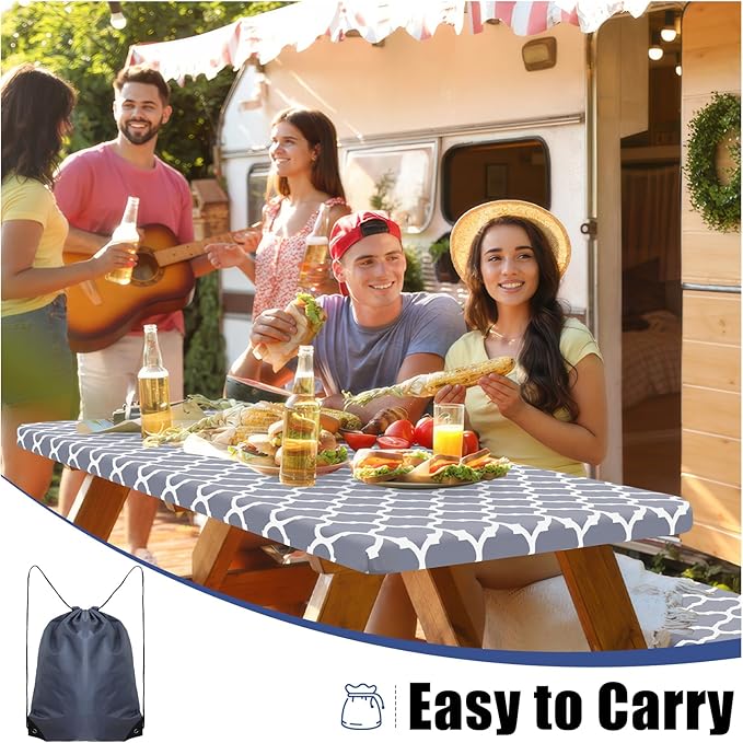 Smiry Picnic Table Cover with Bench Covers, Waterproof Elastic Fitted Tablecloth for 5 Foot Tables, Washable Polyester Tablecloths for Camping, Indoor & Outdoor (Grey Morocco, 30x60 Inch 3-pc Set)