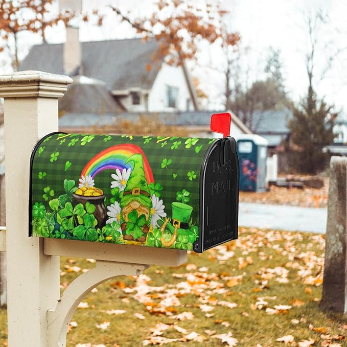 St. Patrick's Day Green Gnome Magnetic Mailbox Cover - Green Buffalo Plaid, Good Luck Leaf & Rainbow Design - Standard Size 25.5x21 Inch for Home & Outdoor Garden
