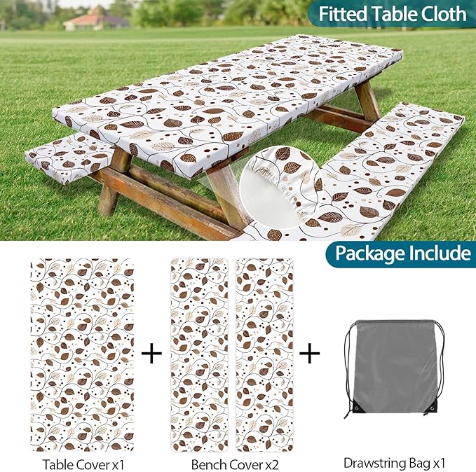 Picnic Table Cover with Bench Covers, Brown Leaf Plaid Leaf Elastic Edges Waterproof Windproof Camping Essentials, Camping Fitted Tablecloth with Drawstring Bag, 72in, Brown