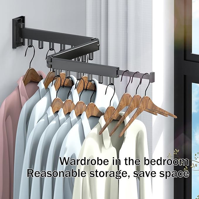 Clothes Drying Rack,Laundry Drying Rack,Wall Mounted Clothes Rack,Laundry Rack Wall Mount,Folding Retractable Collapsible Drying Rack Clothing (Three-Poles,Loop Shape Hooks)