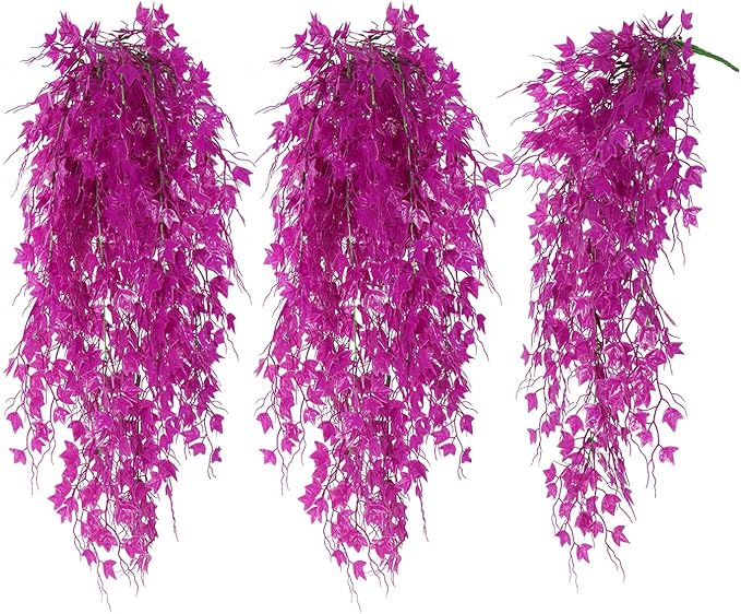 RECUTMS Fake Hanging Plants Artificial Ivy Leaf Faux Vine Plants Outdoor Artificial Hanging Plants Fake Plant Wall Decor Indoor UV Resistant Plants Home Room Decoration(Pure Fuchsia)