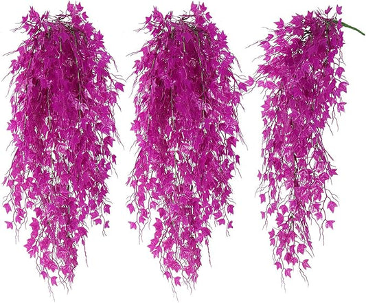 RECUTMS Fake Hanging Plants Artificial Ivy Leaf Faux Vine Plants Outdoor Artificial Hanging Plants Fake Plant Wall Decor Indoor UV Resistant Plants Home Room Decoration(Pure Fuchsia)