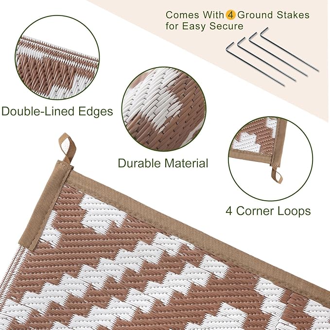 OPPODREAM Outdoor Rug 8x10 Patio Waterproof, Large Outdoor Plastic Straw Rug, Reversible Out Door Carpet for Camping, Deck, Rv, 8 x 10 Area Carpet for Balcony, Porch, Backyard, White and Brown