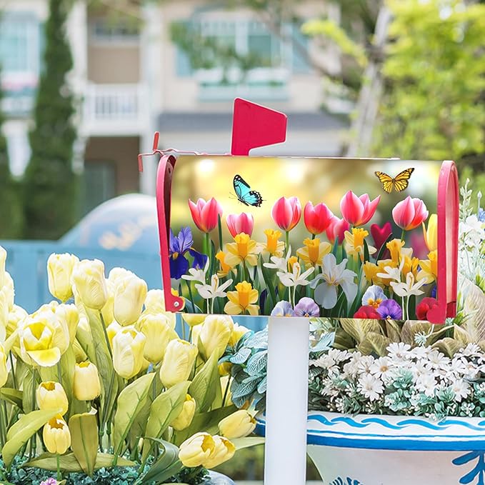 Spring Flowers Mailbox Covers Magnetic Large Size 25.5''x21'' Floral Butterfly Letter Box Wrap Spring Summer Seasonal Waterproof Post Letter Box Wrap Decor for Home Outdoor Garden Yard