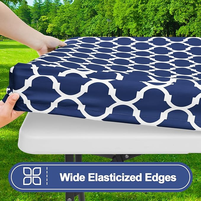 Smiry Picnic Table Cover with Bench Covers, Waterproof Elastic Fitted Tablecloth for 6 Foot Tables, Washable Polyester Tablecloths for Camping, Indoor & Outdoor (Navy Morocco, 30x72 Inch 3-pc Set)