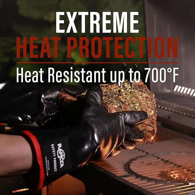 RAPICCA 700°F Heat Resistant BBQ Grill Gloves: Oil Resistant Waterproof for Smoking Grilling Cooking Barbecue Deep Frying Turkey Rotisserie Handling Hot Greacy Meat Stocking Stuffers - Long Sleeve