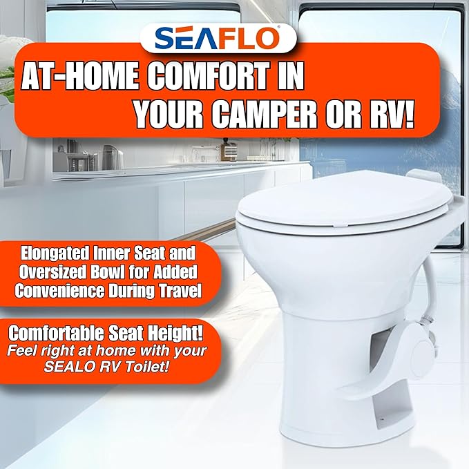 SEAFLO Ceramic Residential Height Camper/RV Toilet with Sprayer Attachment & Elongated Ceramic Bowl, 19” Standard Height, Gravity Flush System, Foot Pedal Operation, Soft Close Seat, 4-Year Warranty