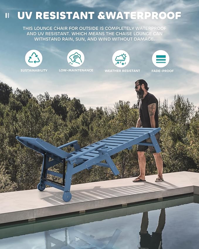 SERWALL Patio Chaise Lounge Chair Set of 6, 5 Positions Adjustable Poly Outdoor Lounge Chair for Pool, HDPE Lounge Chair with Rolling Wheels & Cup Holder for Poolside, Deck, Blue