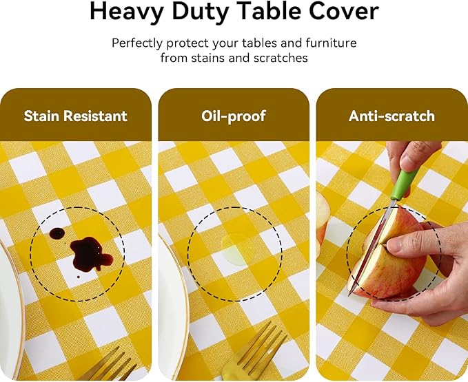 Romanstile Rectangle Vinyl PVC Tablecloth, 100% Waterproof Buffalo Plaid Plastic Table Cloth, Oil Proof Heavy Duty Wipeable Table Covers for Dining/Camping/Picnic/Outdoor - 54 x 78, Yellow and White