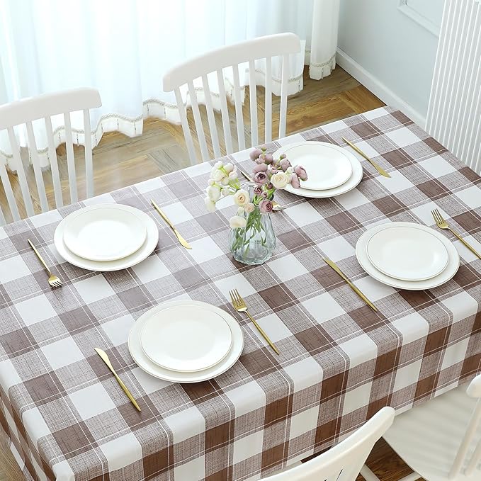 Romanstile Rectangle Plastic Tablecloth, 100% Waterproof Oil-Proof Checkered PVC Table Cloth, Heavy Duty Vinyl Table Cover for Dining, Camping, Picnic, Outdoor - 54 x 78 Inch, Brown Checkered
